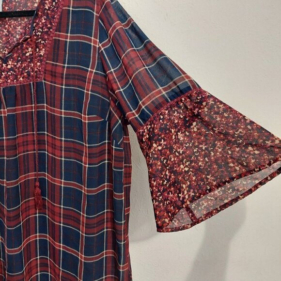 Catherines Women's Plaid Print Georgette Peasant Red Blue Blouse Top Plus Sz OX - Picture 6 of 8